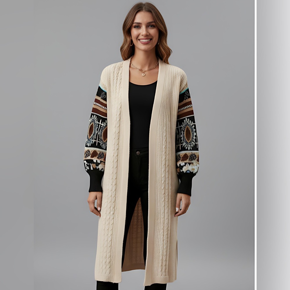 Geo Pattern Drop Shoulder Duster Cardigan